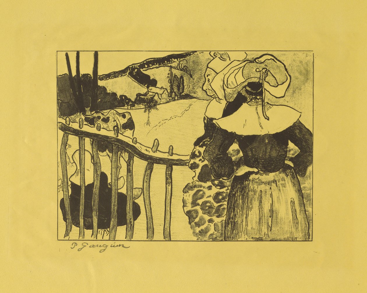 Bretonische Frauen an einem Zaun stehend de Paul Gauguin
