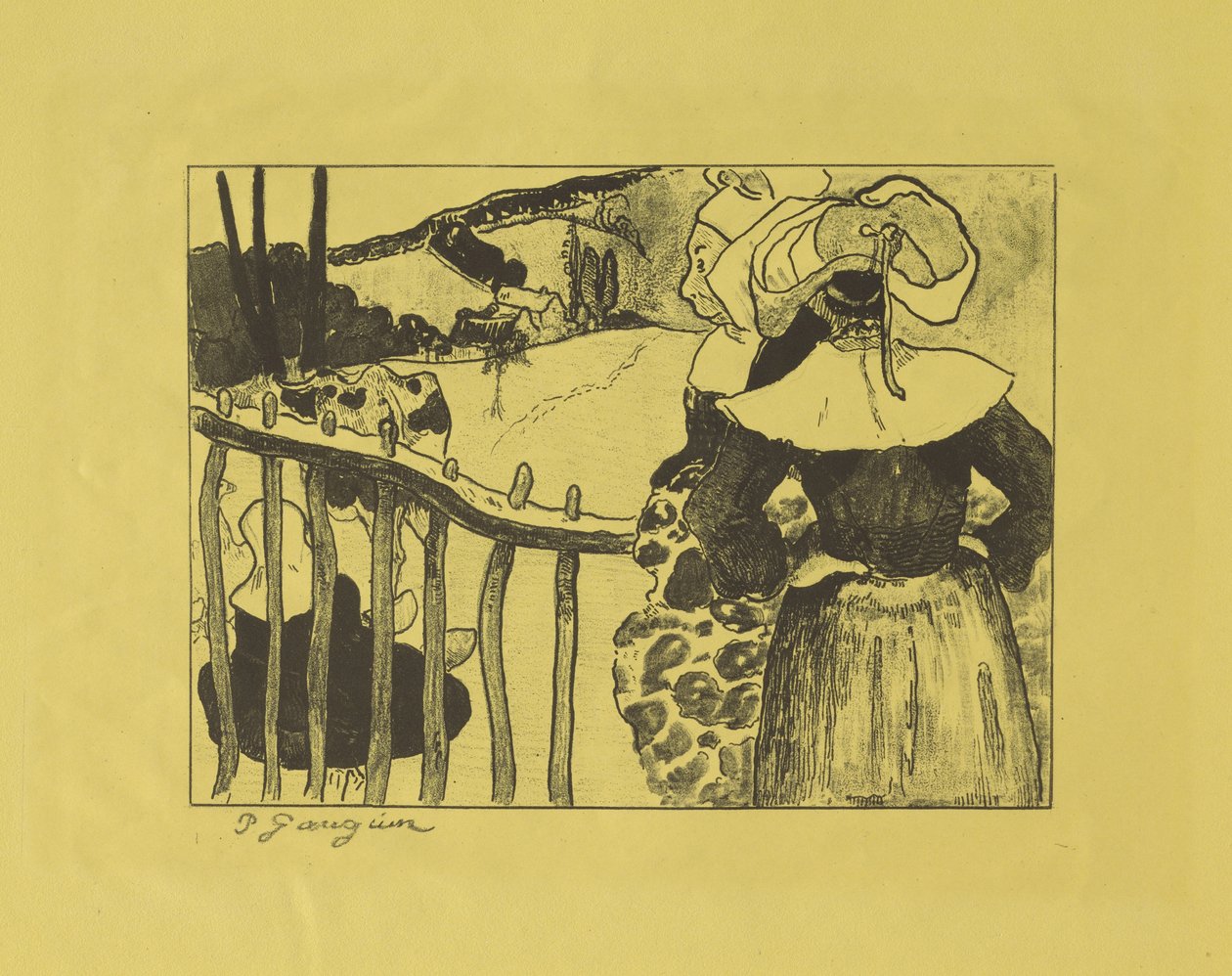 Mujeres bretonas de pie junto a una cerca, 1889 de Paul Gauguin