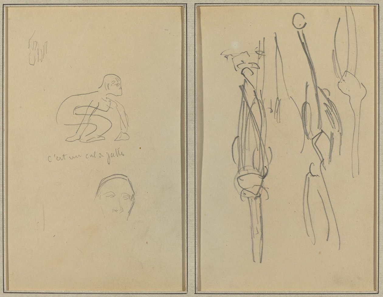 Mono Agachado y Cabeza de Hombre; Huesos y Músculos [verso] de Paul Gauguin