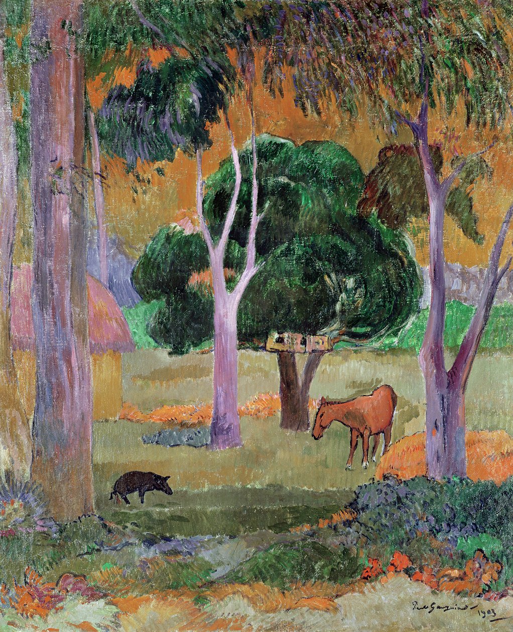 Paisaje dominicano o, paisaje con cerdo y caballo, 1903 de Paul Gauguin