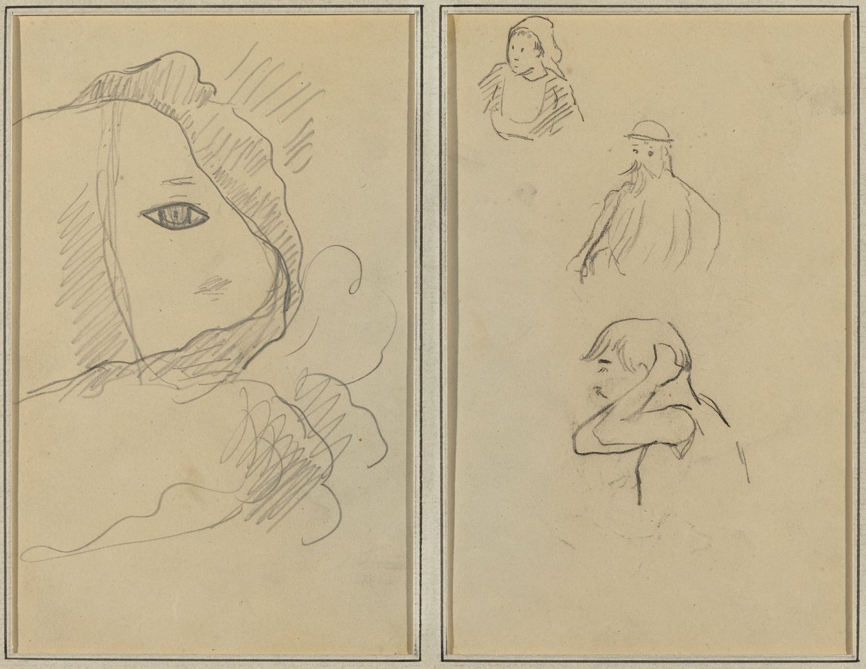 Ojo y parte de la cara; Una mujer bretona y dos hombres [recto] de Paul Gauguin