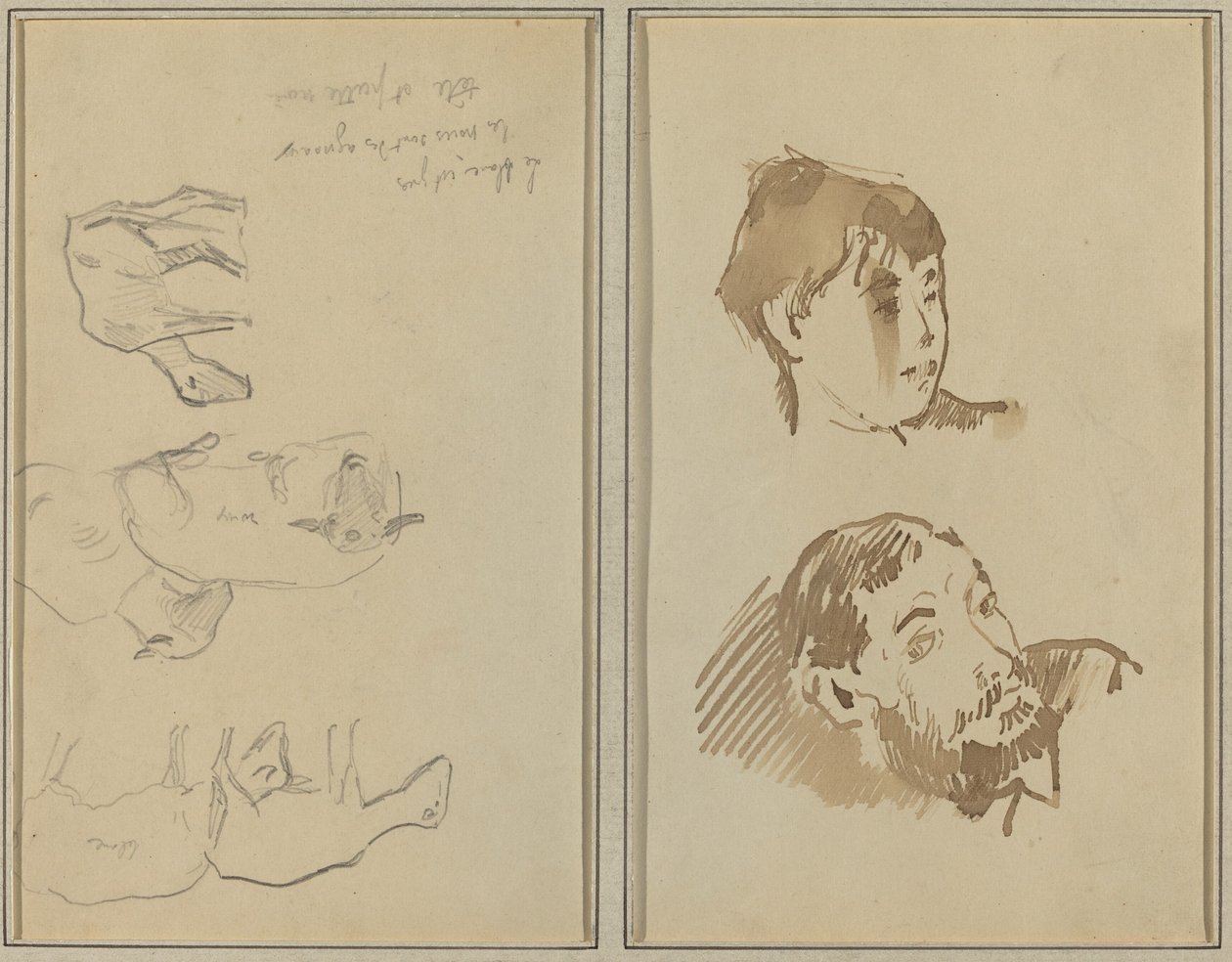 Cinco ovejas; cabeza de una mujer y cabeza de un hombre con barba (recto) de Paul Gauguin
