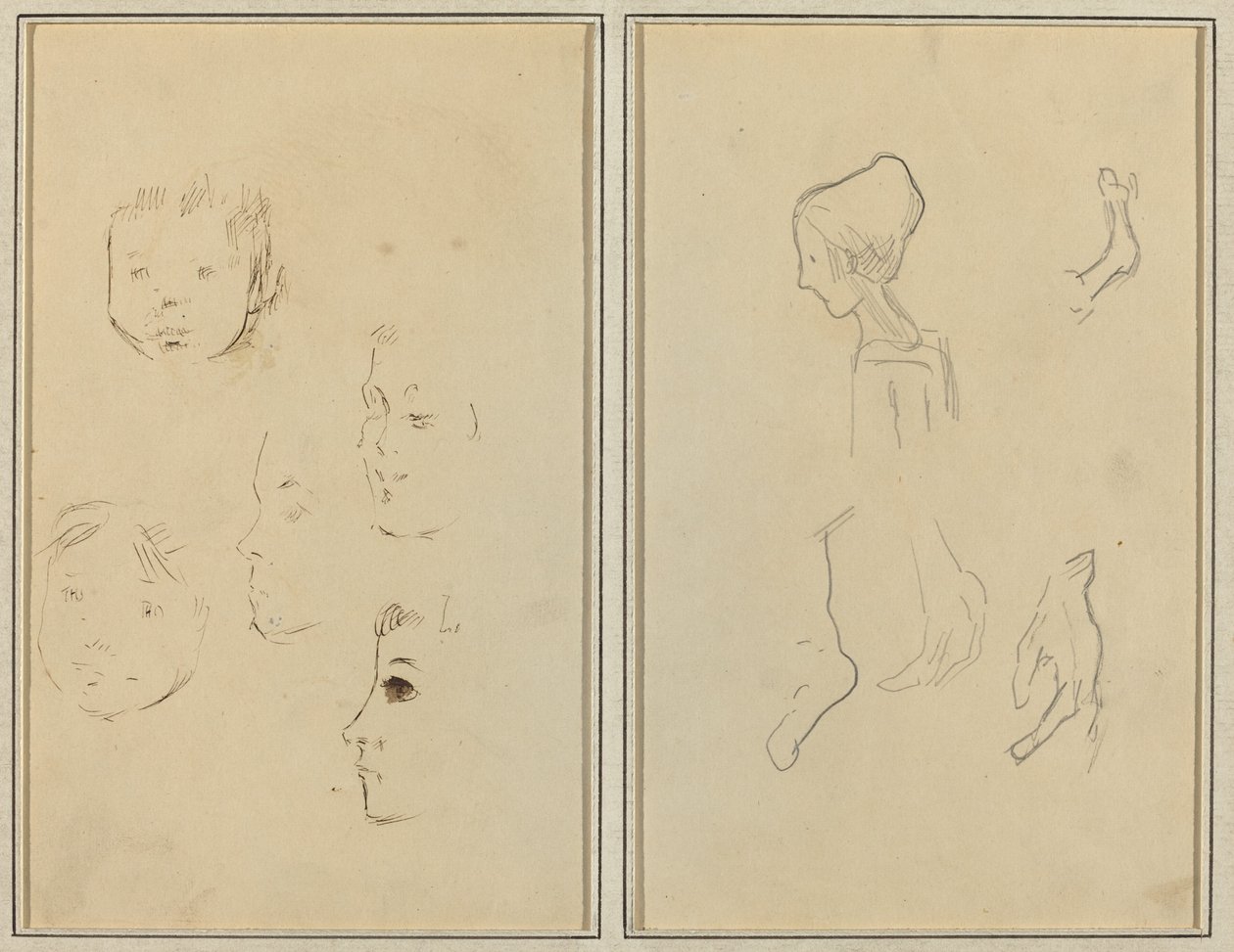 Cinco estudios de cabezas; Un niño de perfil con estudios de manos y pies (verso) de Paul Gauguin