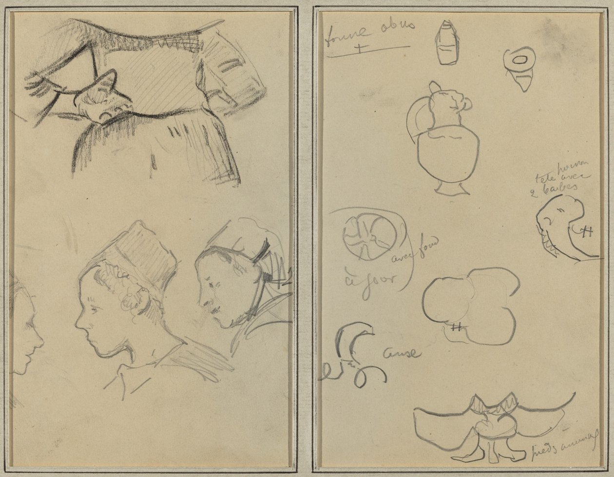 Cuatro estudios de mujeres bretonas; Formas y jarrones [verso] de Paul Gauguin
