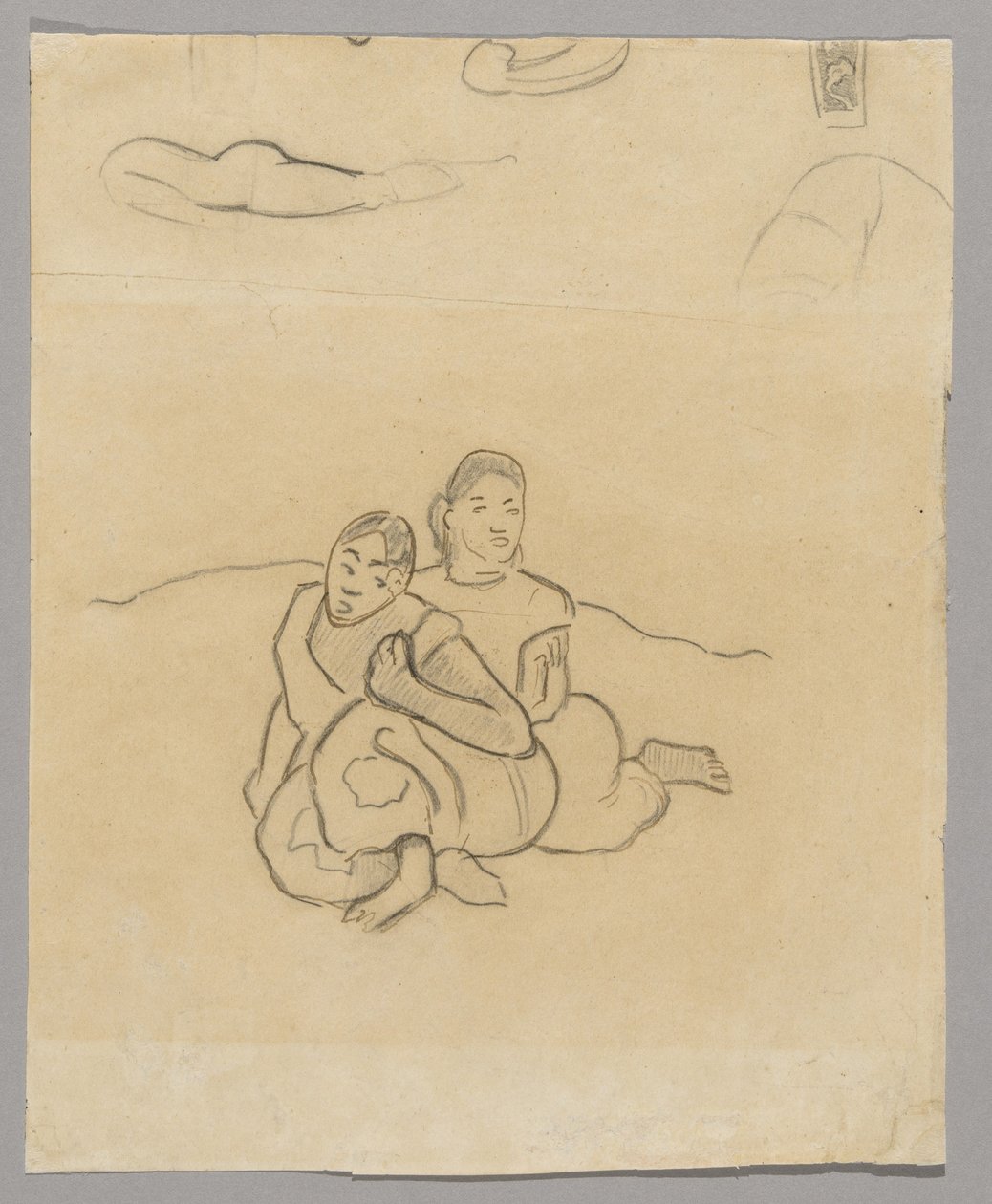 Fragmentos de cuerpos, un diseño decorativo y dos mujeres tahitianas agachadas en un paisaje relacionado con Nafea Faaipoipo de Paul Gauguin