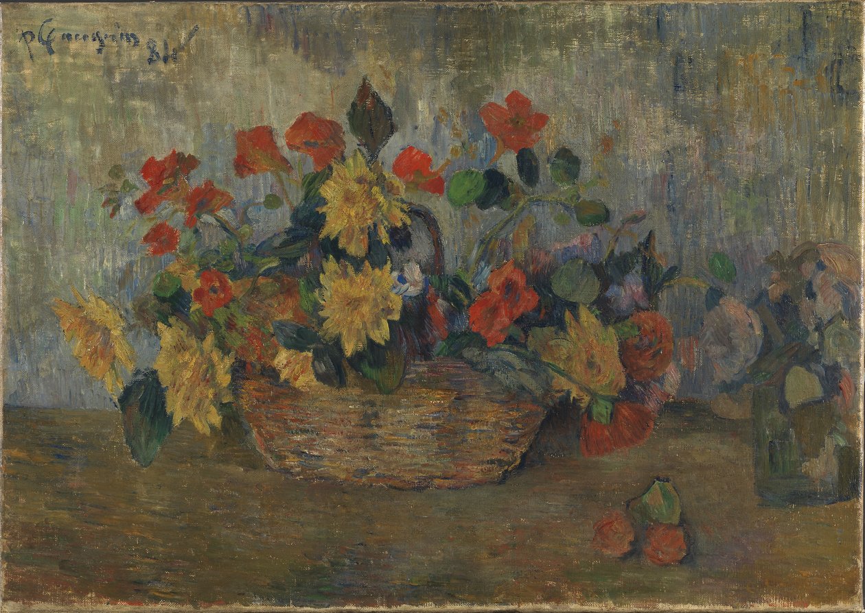 Francés: Capucines et dahlias dans une corbeille, ou Corbeille de fleurs Capuchinas y dalias en una cesta de Paul Gauguin
