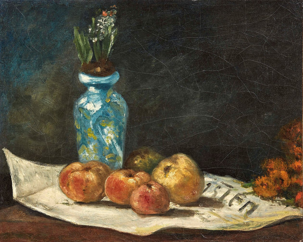 En francés:  Jacinthe et pommes sur un journal Jacinto y manzanas en un periódico de Paul Gauguin
