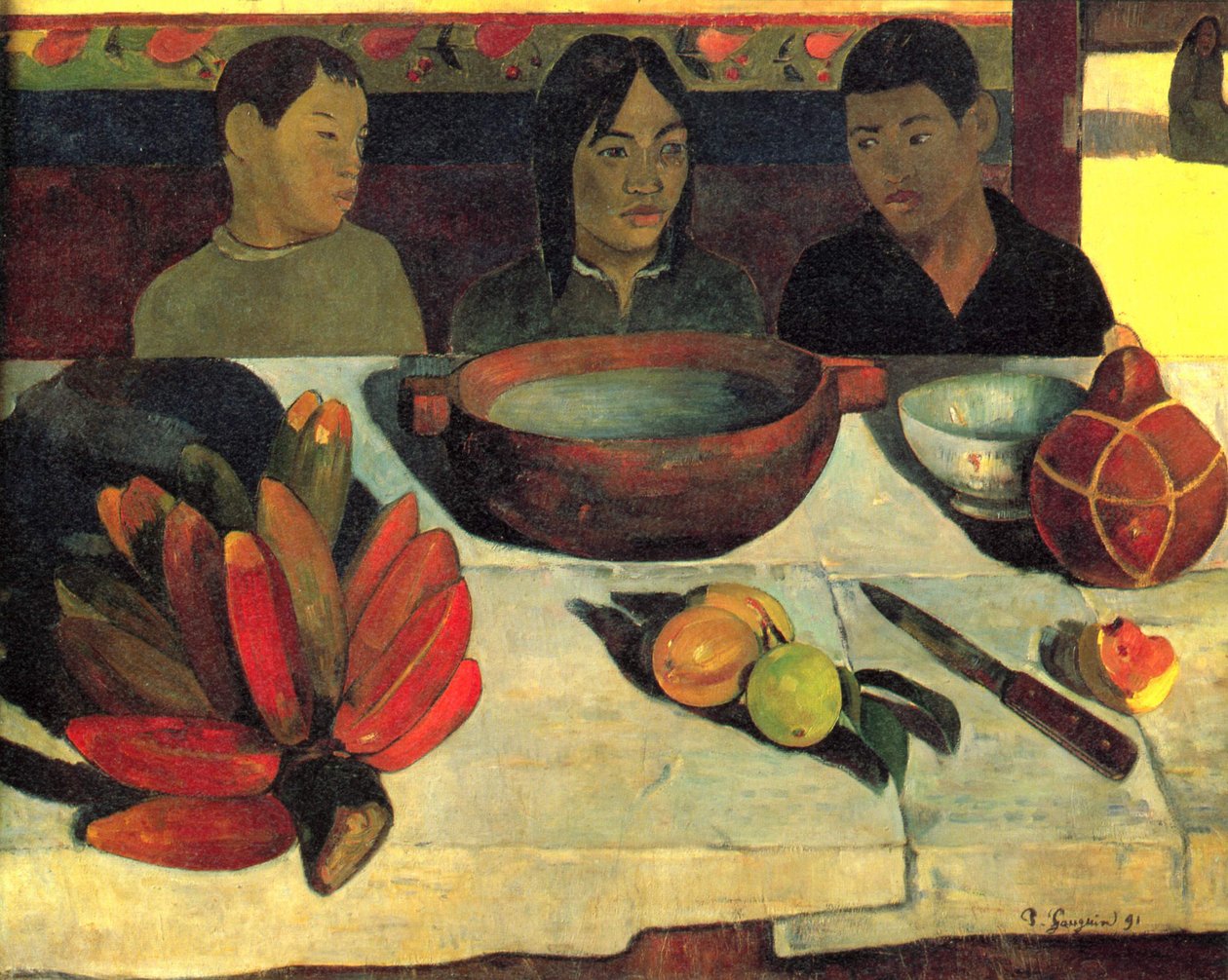 En francés:  Le repas (Les bananes) La comida (Los plátanos) de Paul Gauguin
