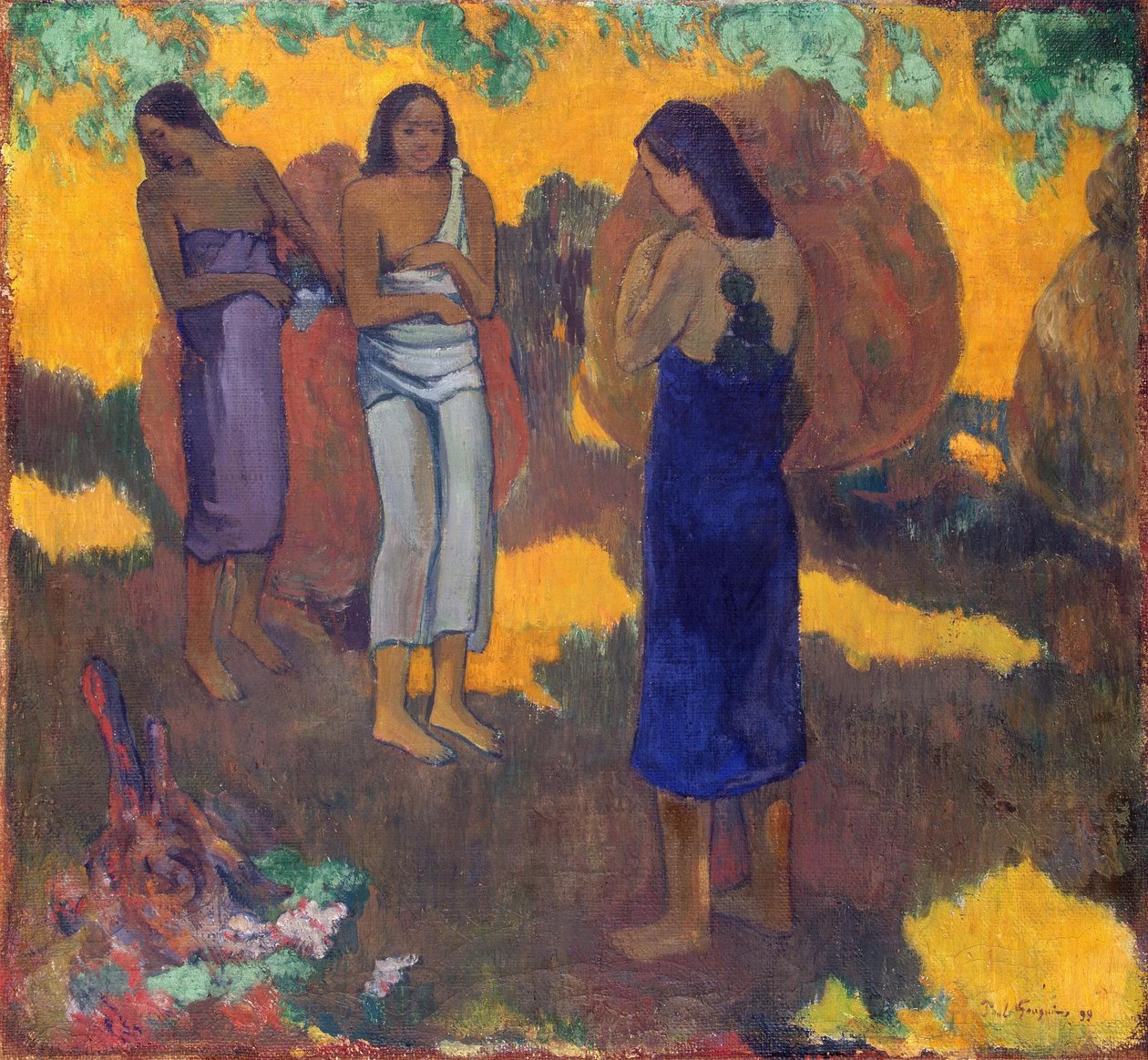 En francés:  Trois Tahitiennes sur fond jaune Tres tahitianas sobre fondo amarillo de Paul Gauguin