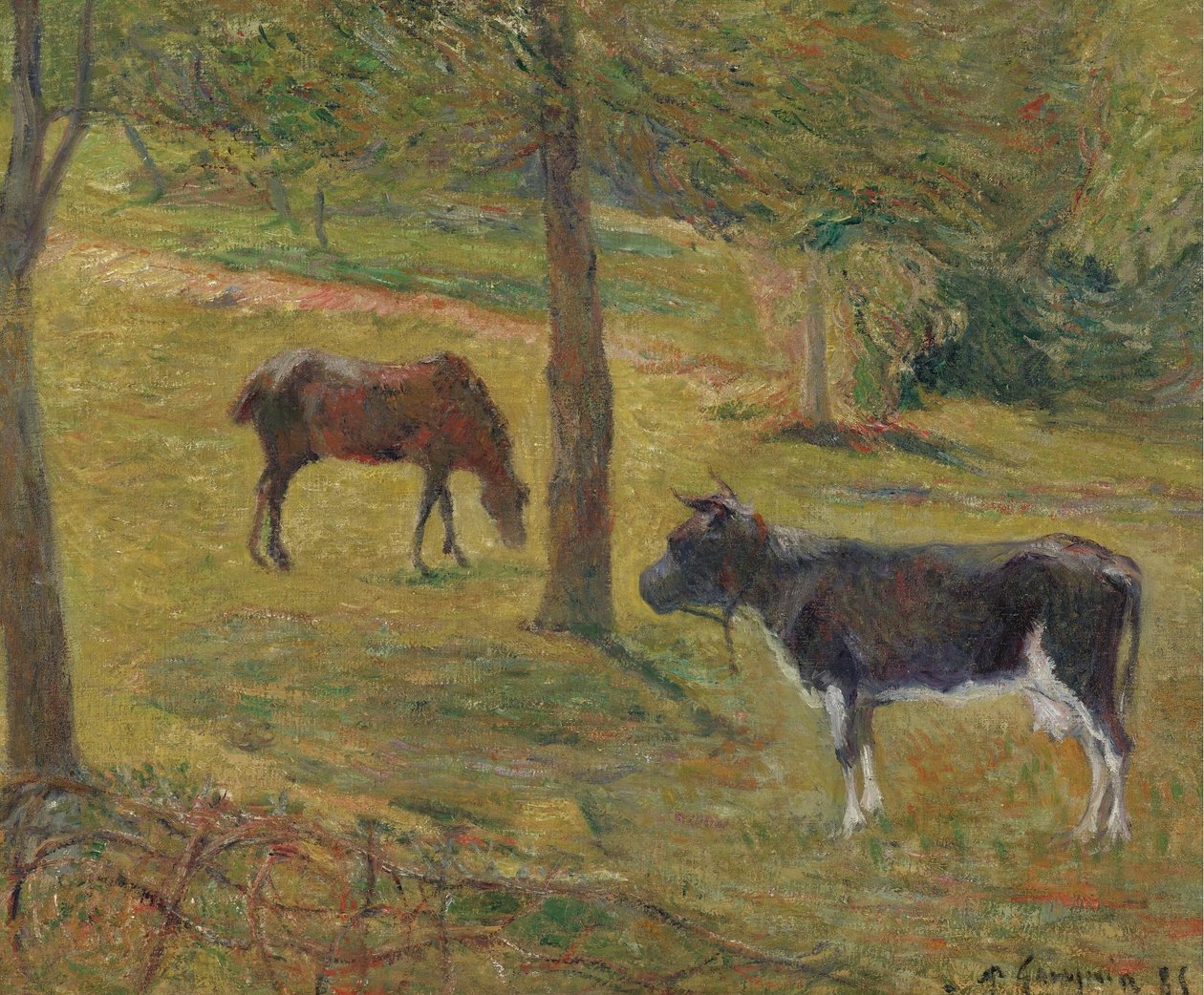 Francés: Vache et cheval dans un pré Vaca y caballo en un prado de Paul Gauguin