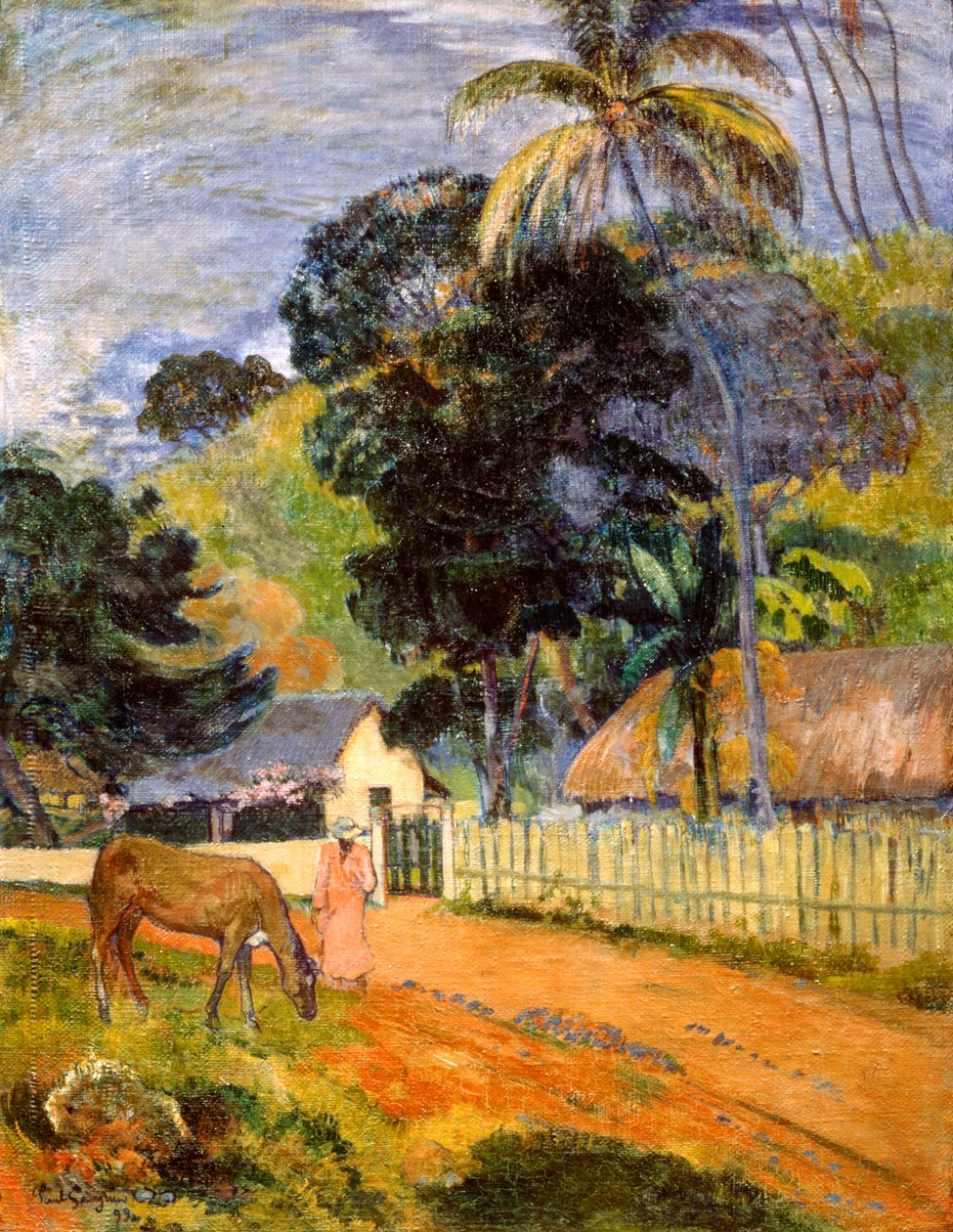 Caballo en el camino, paisaje tahitiano, 1899 de Paul Gauguin