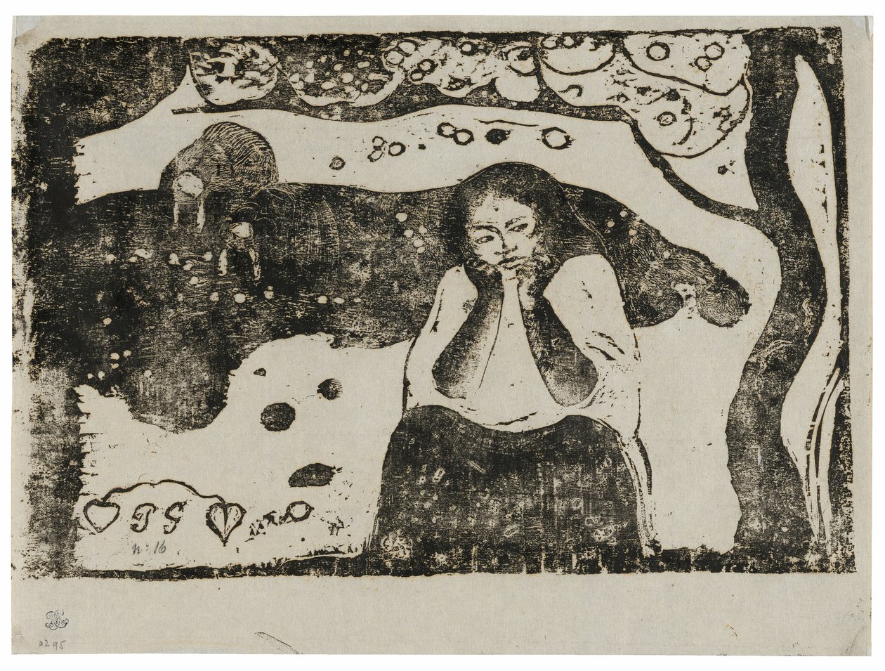 Miserias humanas, de la serie de grabados tardíos en madera de Paul Gauguin