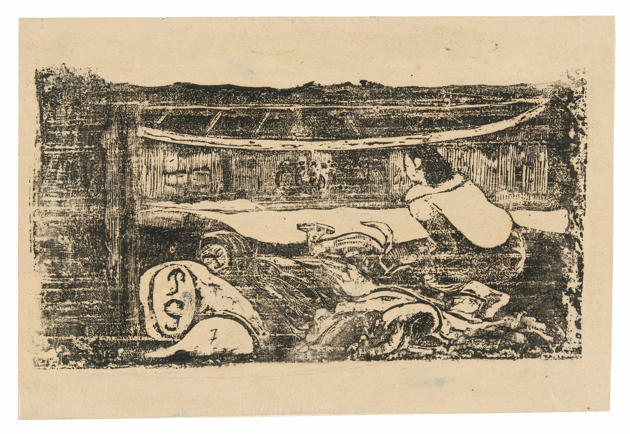 Interior de una cabaña tahitiana, de la serie de grabados en madera tardíos de Paul Gauguin