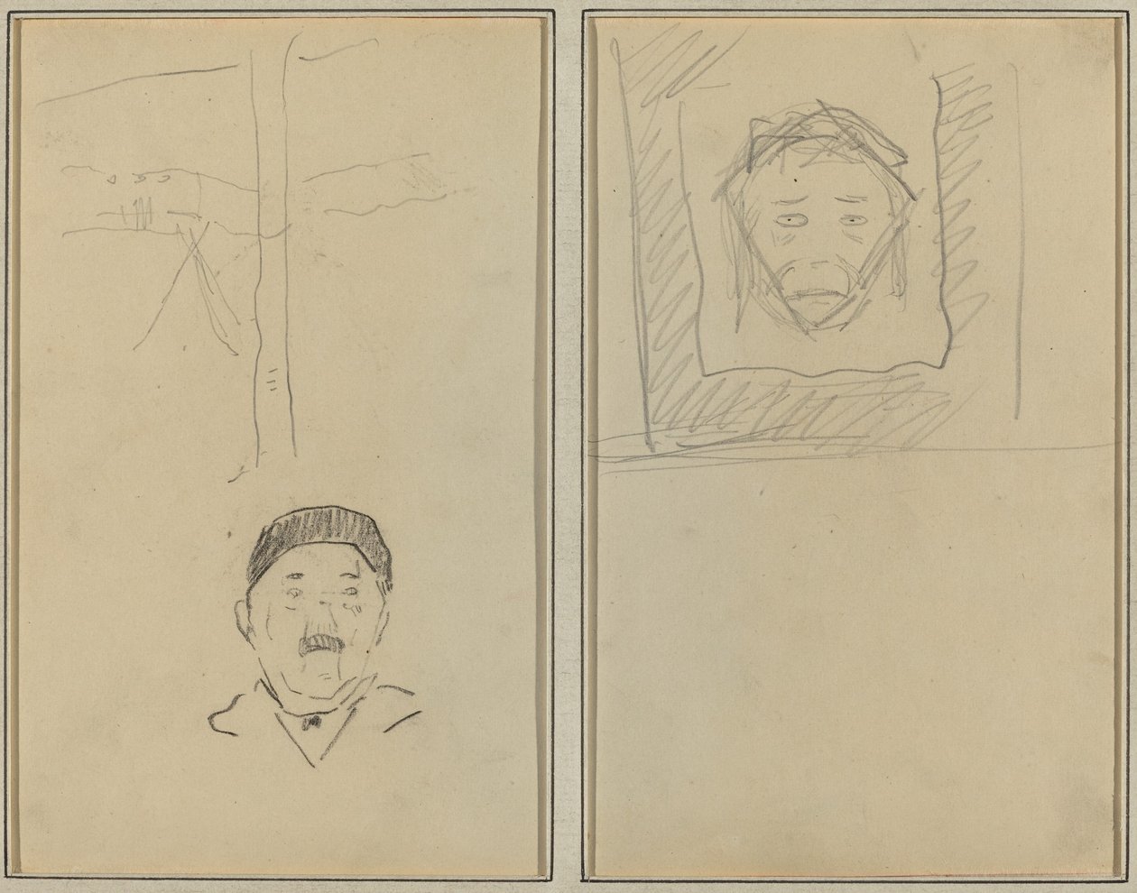 Paisaje y cabeza de hombre; cabeza de mono dentro de un cuadrado [recto] de Paul Gauguin