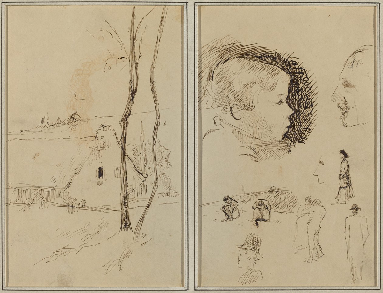 Paisaje con una cabaña; perfil de niño, perfil de hombre, dos mujeres en un paisaje y otros cinco estudios [verso] de Paul Gauguin