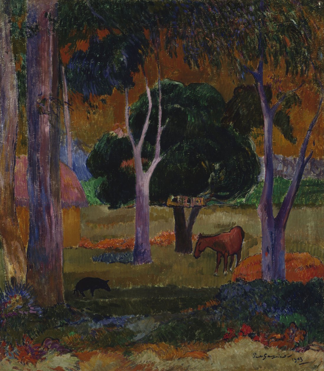 Paisaje con un cerdo y un caballo (Hiva Oa) de Paul Gauguin