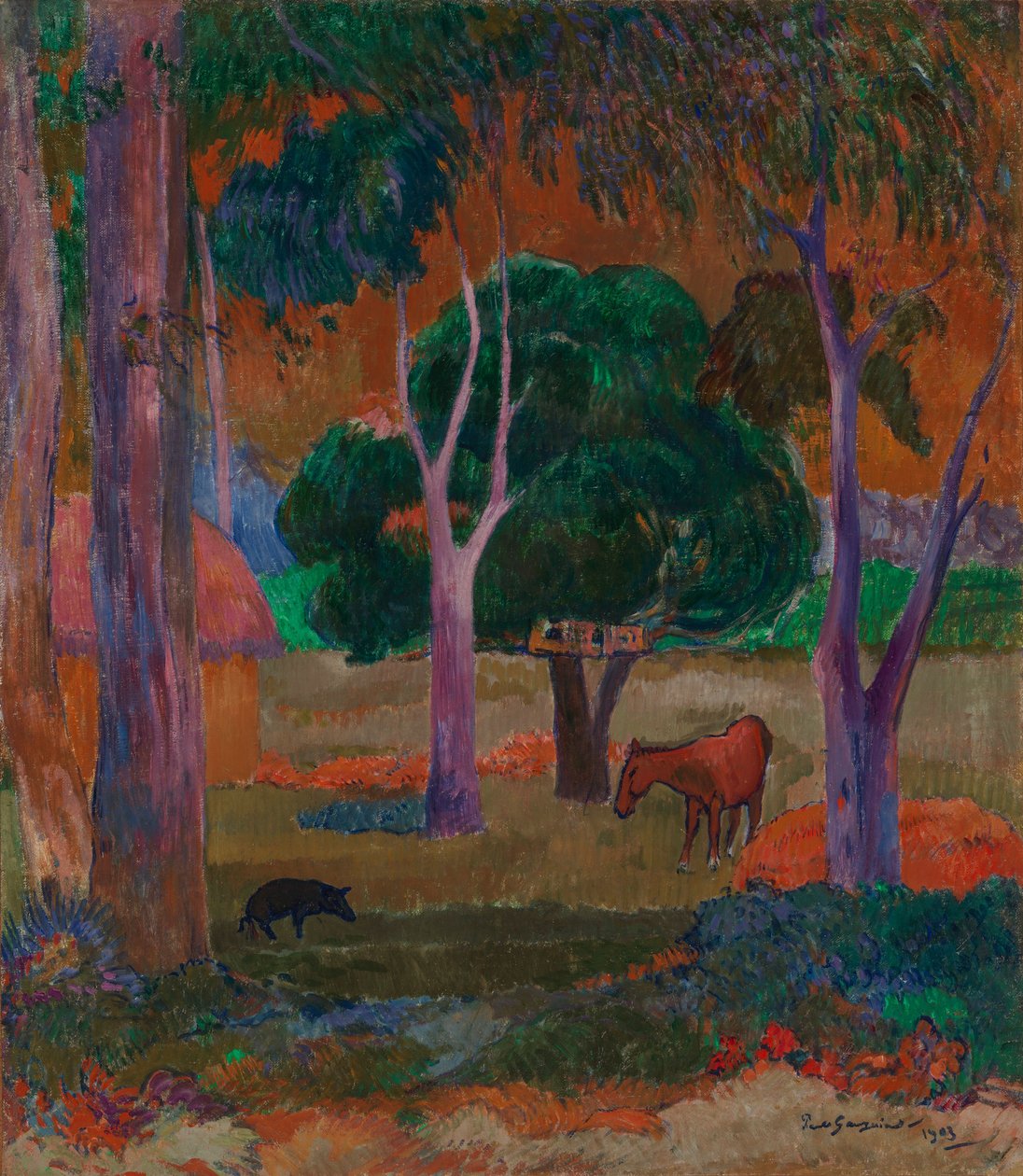 Paisaje con un cerdo y un caballo (Hiva Oa) de Paul Gauguin