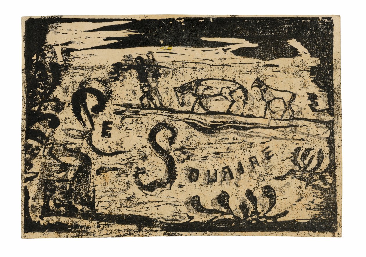 Hombre cargando plátanos seguido por dos caballos, cabecera para Le sourire de Paul Gauguin