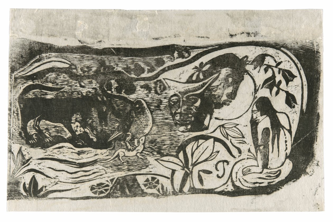 Plato con la cabeza de un diablo con cuernos, de la Suite de Grabados en Madera Tardíos de Paul Gauguin
