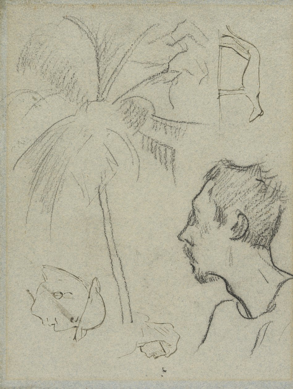 Perfil de Charles Laval con palmera y otros bocetos de Paul Gauguin