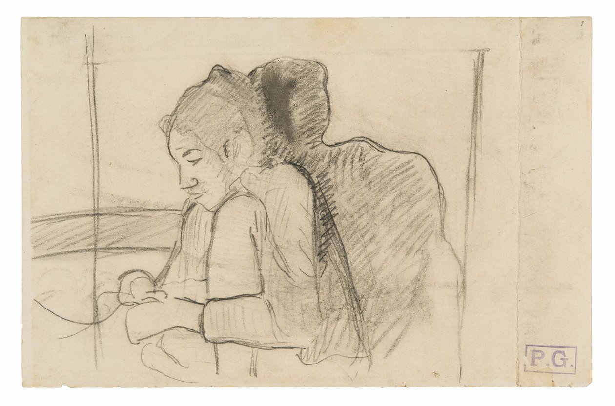 Mujer tahitiana sentada (recto), bocetos de gallos y gallinas (verso) de Paul Gauguin