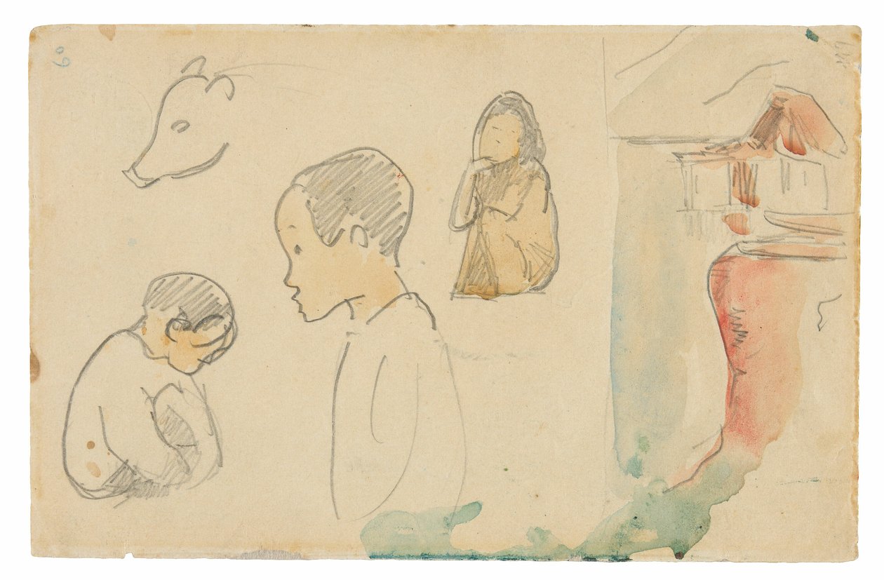 Bocetos de figuras agachadas y de pie, un cerdo y una cabaña al borde del agua de Paul Gauguin