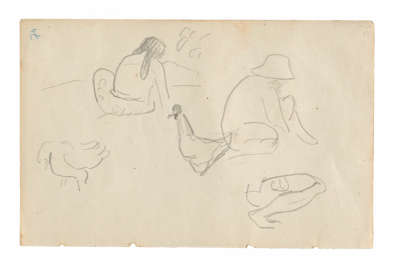 Bocetos de figuras sentadas y gallinas (recto), torso femenino desnudo (relacionado con la pintura Te a no areois [La semilla de los Areoi]) (verso), del Carnet de Tahití (cuaderno de bocetos tahitiano) de Paul Gauguin