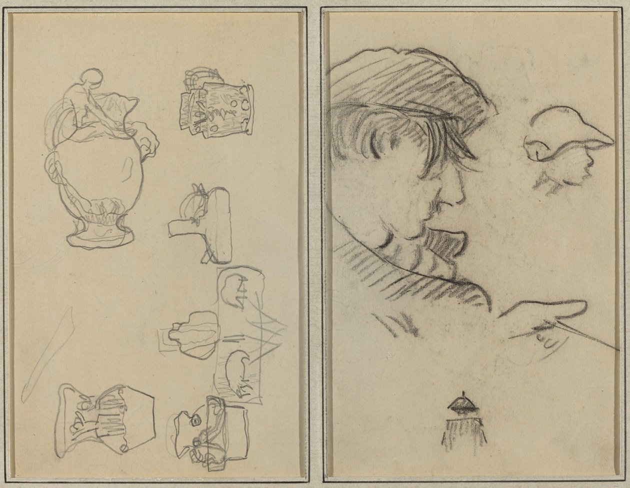 Estudios de Jarras y Jarrones; Un Hombre con Bigote y un Niño con Sombrero [recto] de Paul Gauguin