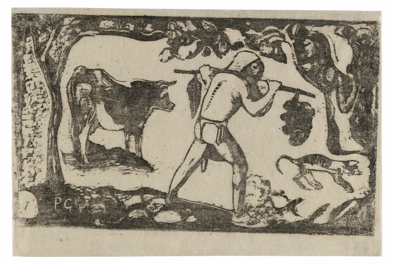 Tahitiano llevando plátanos, de la suite de grabados en madera tardíos de Paul Gauguin