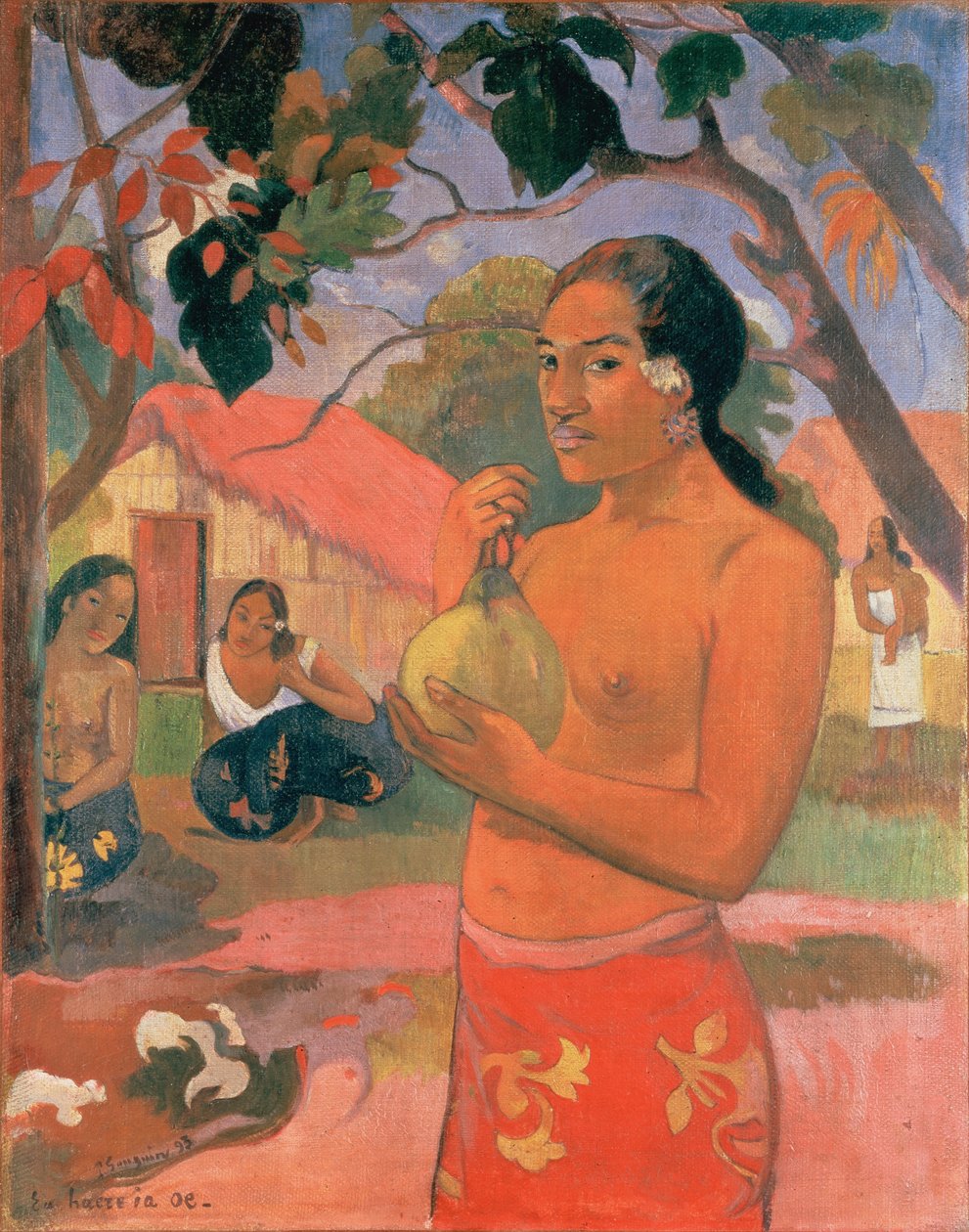 Tahitiano:  Ea haere ia oe (A haere ia oe) ¿Adónde vas, o Mujer con una fruta en la mano. de Paul Gauguin