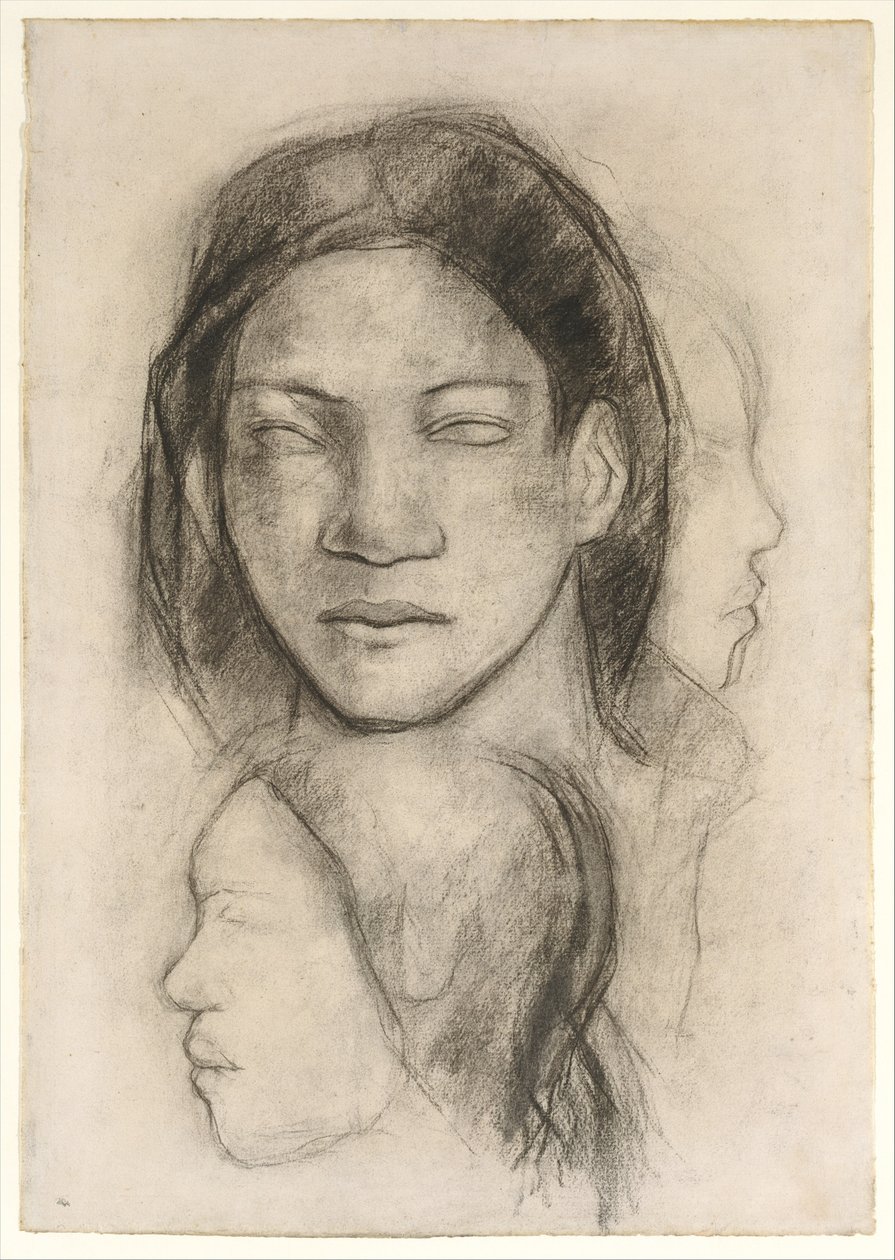 Rostros tahitianos (vista frontal y perfiles) de Paul Gauguin