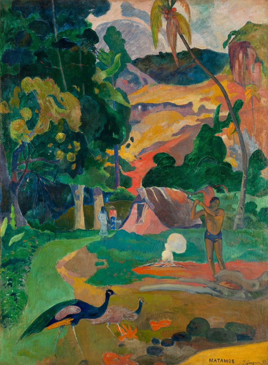 Tahitiano:  Matamoe Matamoe (Muerte), Paisaje con pavos reales de Paul Gauguin