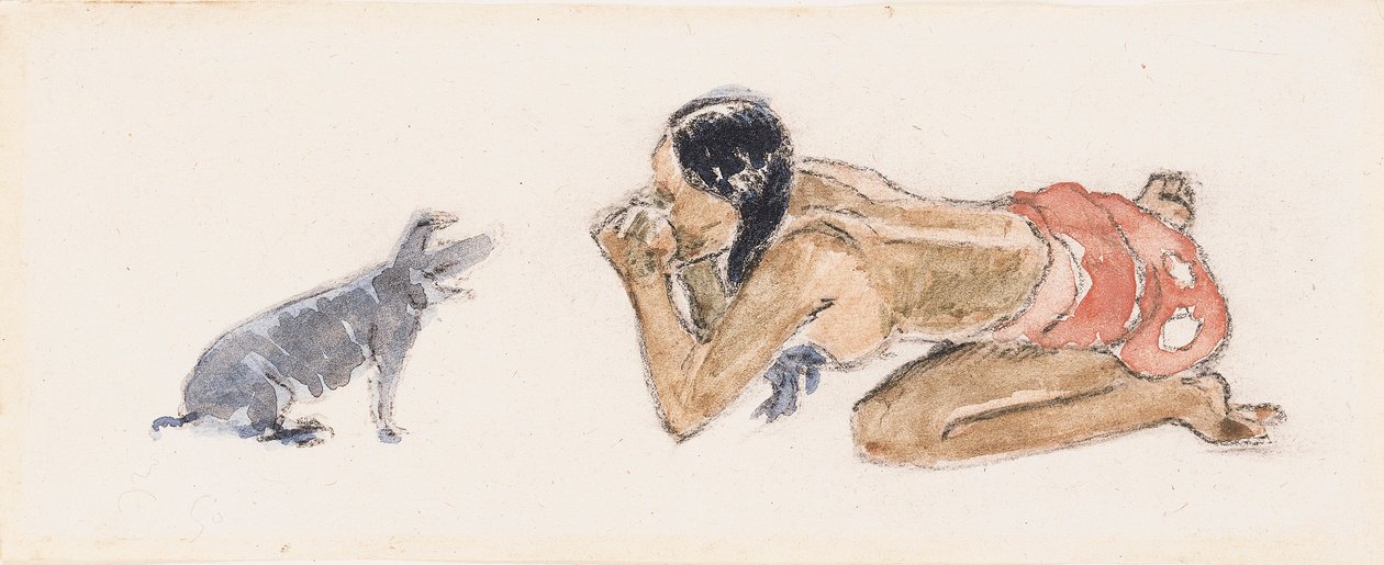 Mujer tahitiana con cerdo de Paul Gauguin