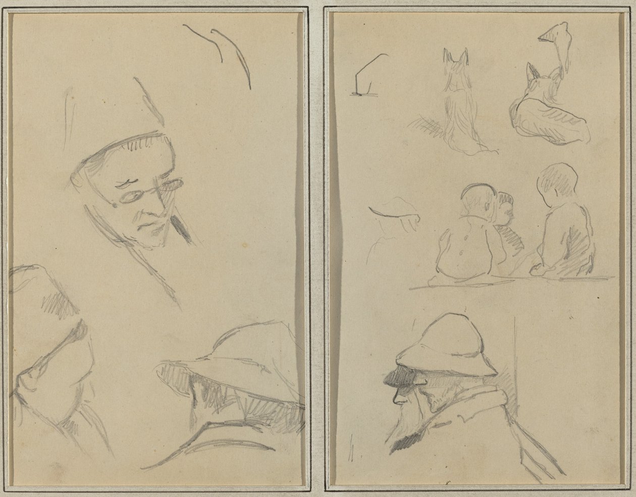 Tres estudios de cabezas de hombres, uno con gafas; perros, niños y dos hombres con barba de perfil [verso] de Paul Gauguin