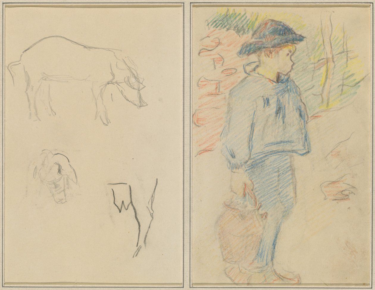 Tres Estudios de un Cerdo; Niño Bretón Caminando con una Jarra (recto) de Paul Gauguin