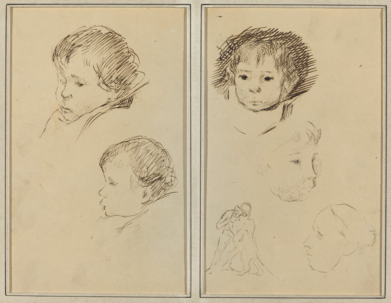 Dos estudios de la cabeza de un niño; dos estudios de la cabeza de un niño, una mujer de perfil y un hombre luchando con un animal de Paul Gauguin