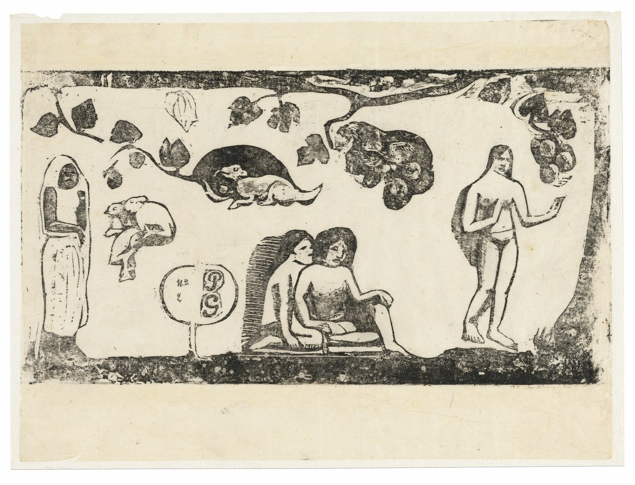 Mujeres, animales y follaje, de la Suite de Grabados en Madera Tardíos de Paul Gauguin
