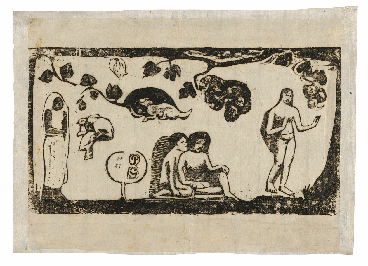 Mujeres, animales y follaje, de la serie de grabados en madera tardíos de Paul Gauguin
