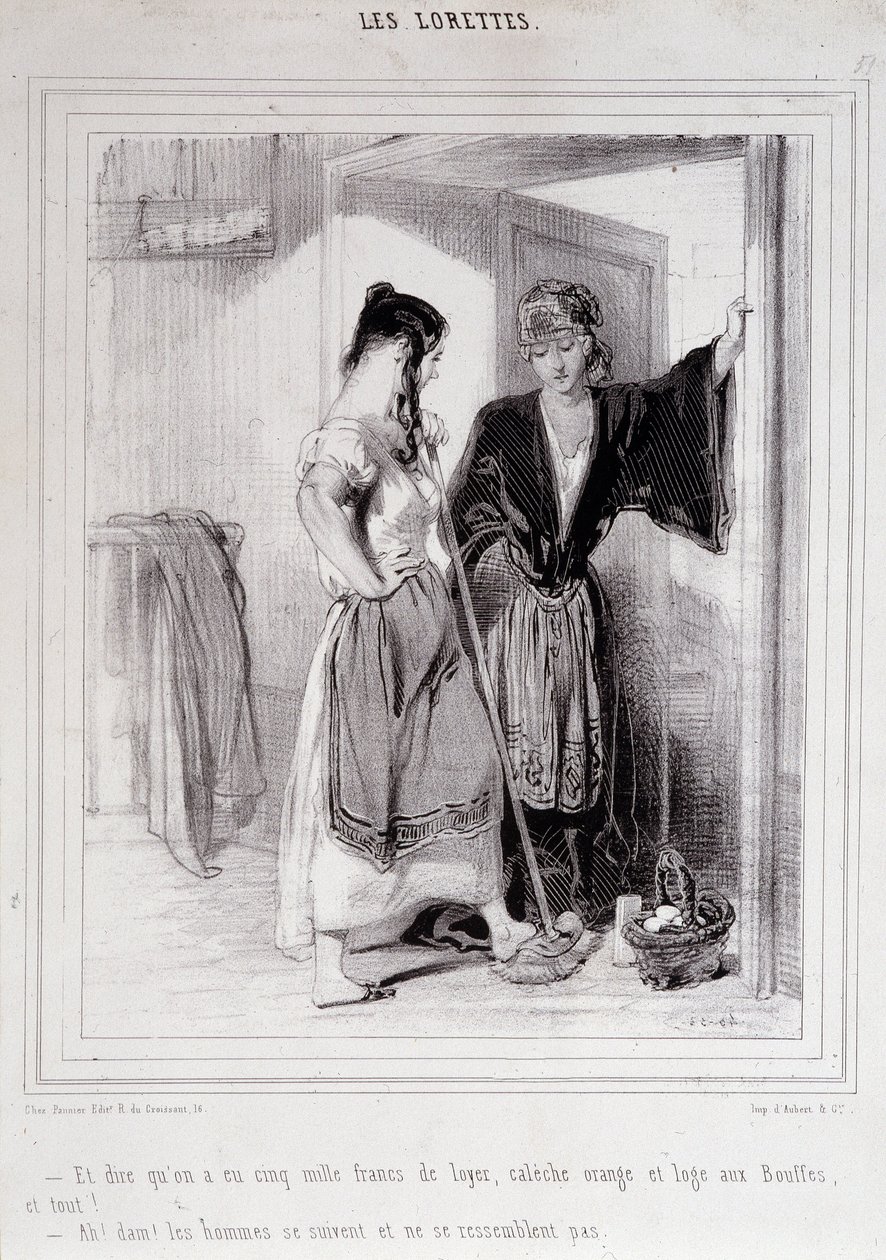 2 mujeres pobres conversando en las escaleras sobre hombres, "Les Lorettes", Gavarni, c. 1840 de Paul Gavarni