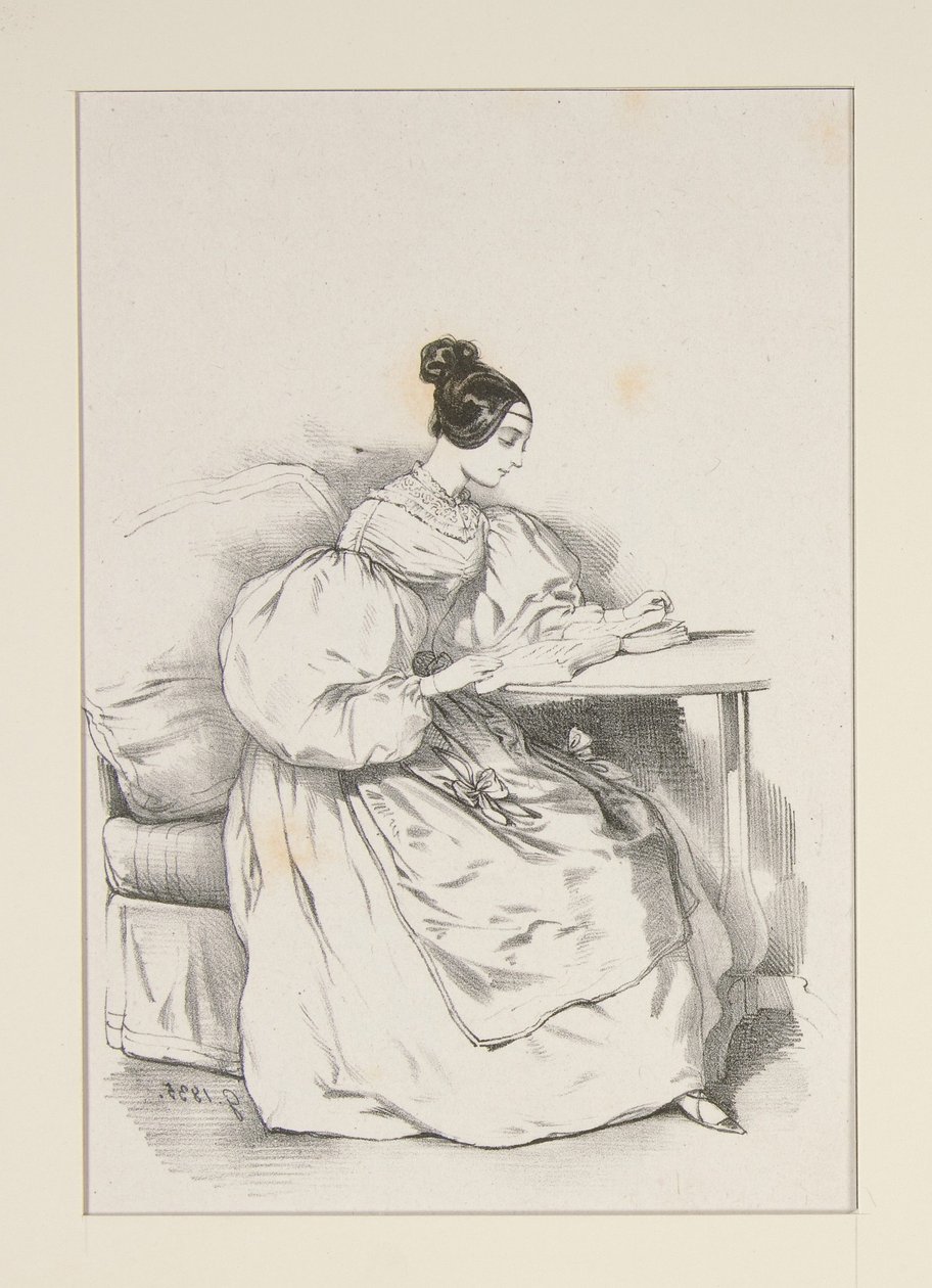 EN CASA. (Septiembre de 1835) Vestido de batista escocesa,... de Paul Gavarni