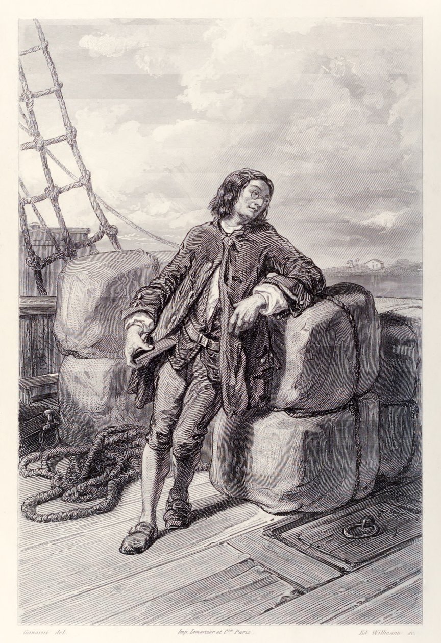 El capitán Lemuel Gulliver en el mar en su barco mercante, de la edición francesa de Los viajes de Gulliver de Jonathan Swift de Paul Gavarni