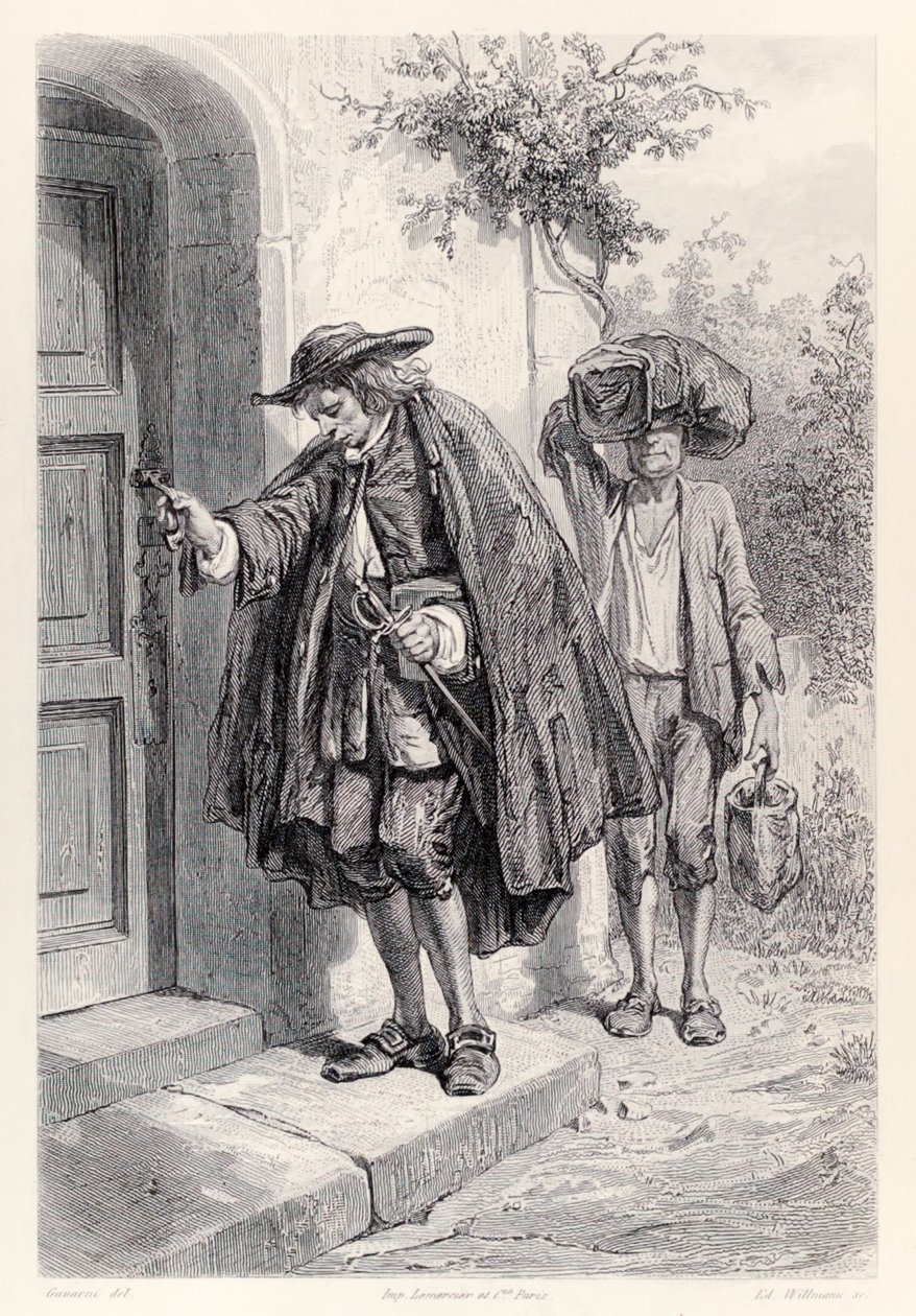 Gulliver llega a casa a las tres de la tarde y entra en la casa, de la edición francesa de Los viajes de Gulliver de Jonathan Swift de Paul Gavarni