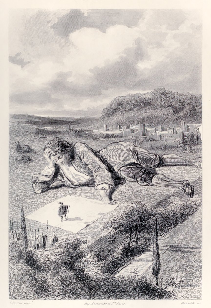 Gulliver tiene una audiencia con el Emperador de Lilliput, de la edición francesa de Los viajes de Gulliver de Jonathan Swift de Paul Gavarni