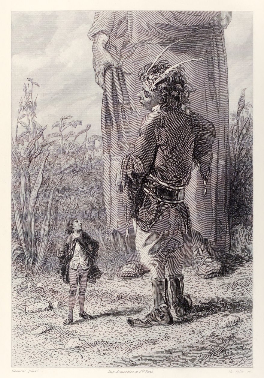Gulliver conoce al enano de 30 pies de la Reina que está encantado de tener a alguien en la corte más pequeño que él para atormentar, de la edición francesa de Los viajes de Gulliver de Jonathan Swift de Paul Gavarni