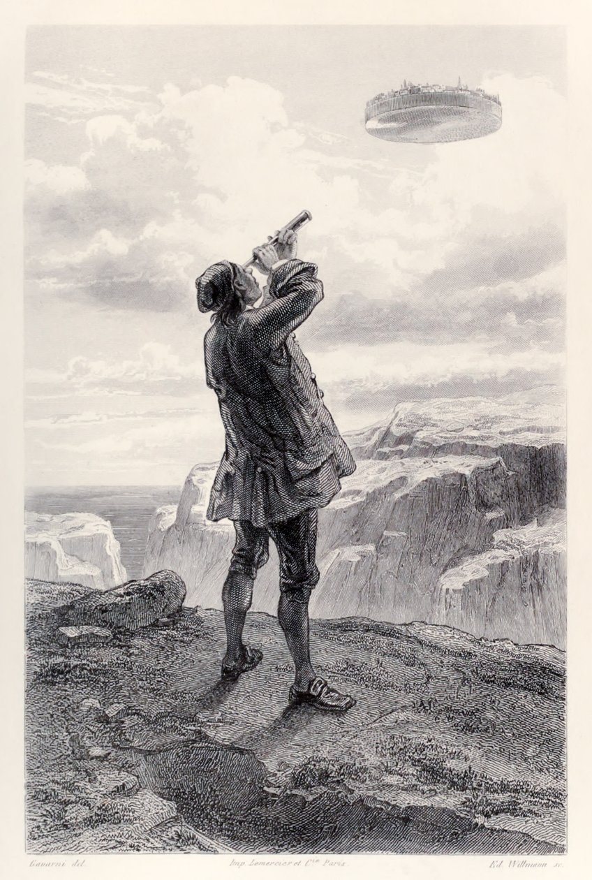 Gulliver ve la isla voladora Laputa por primera vez y la examina a través de su telescopio, de la edición francesa de Los viajes de Gulliver de Jonathan Swift de Paul Gavarni