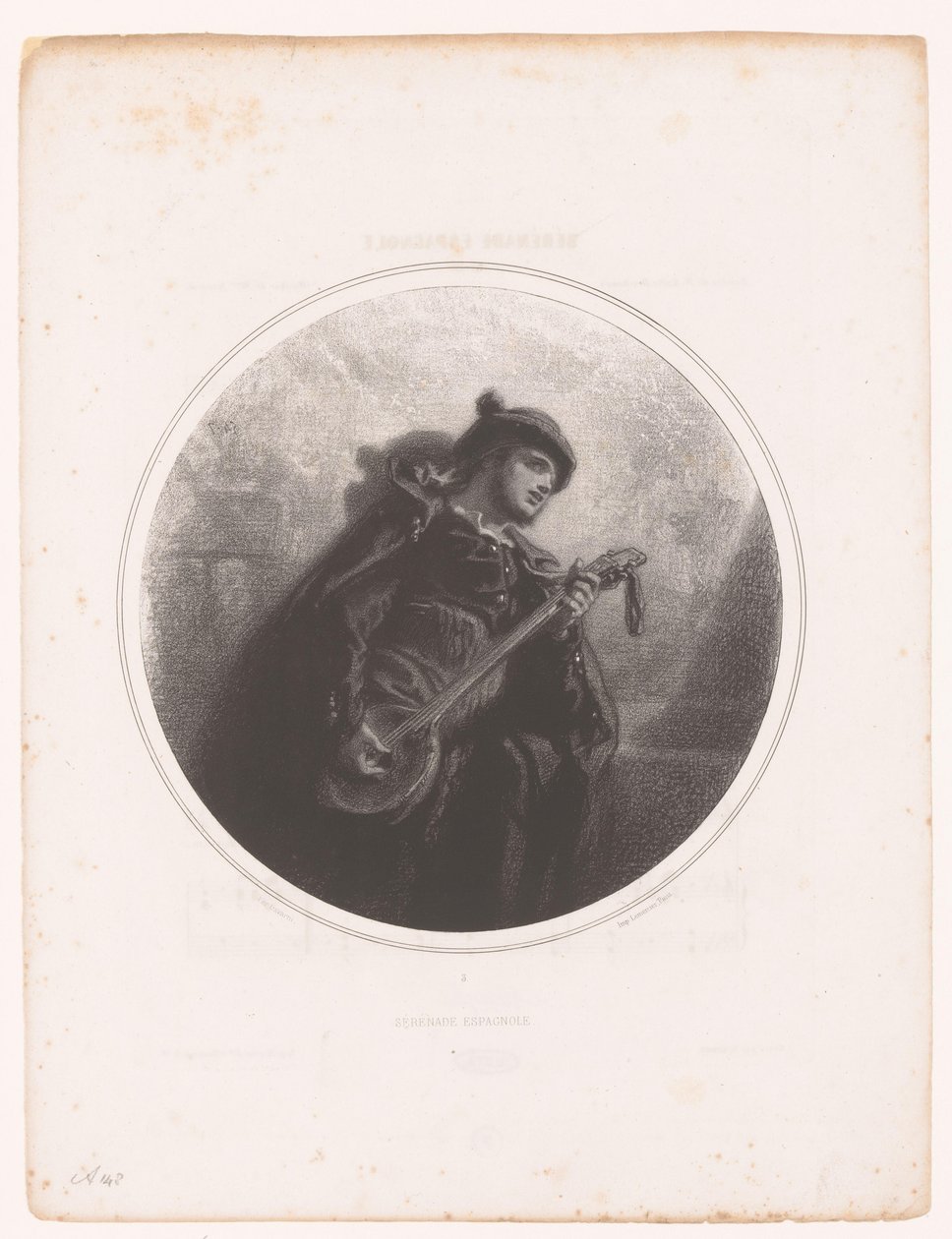 Hombre con banjo canta y toca una serenata Serenade Espagnole (título sobre objeto) Ilustraciones de las canciones de Jeanne Gavarni (título de la serie) Ilustraciones des Mélodies de Madame Jeanne Gavarni (título de la serie) de Paul Gavarni