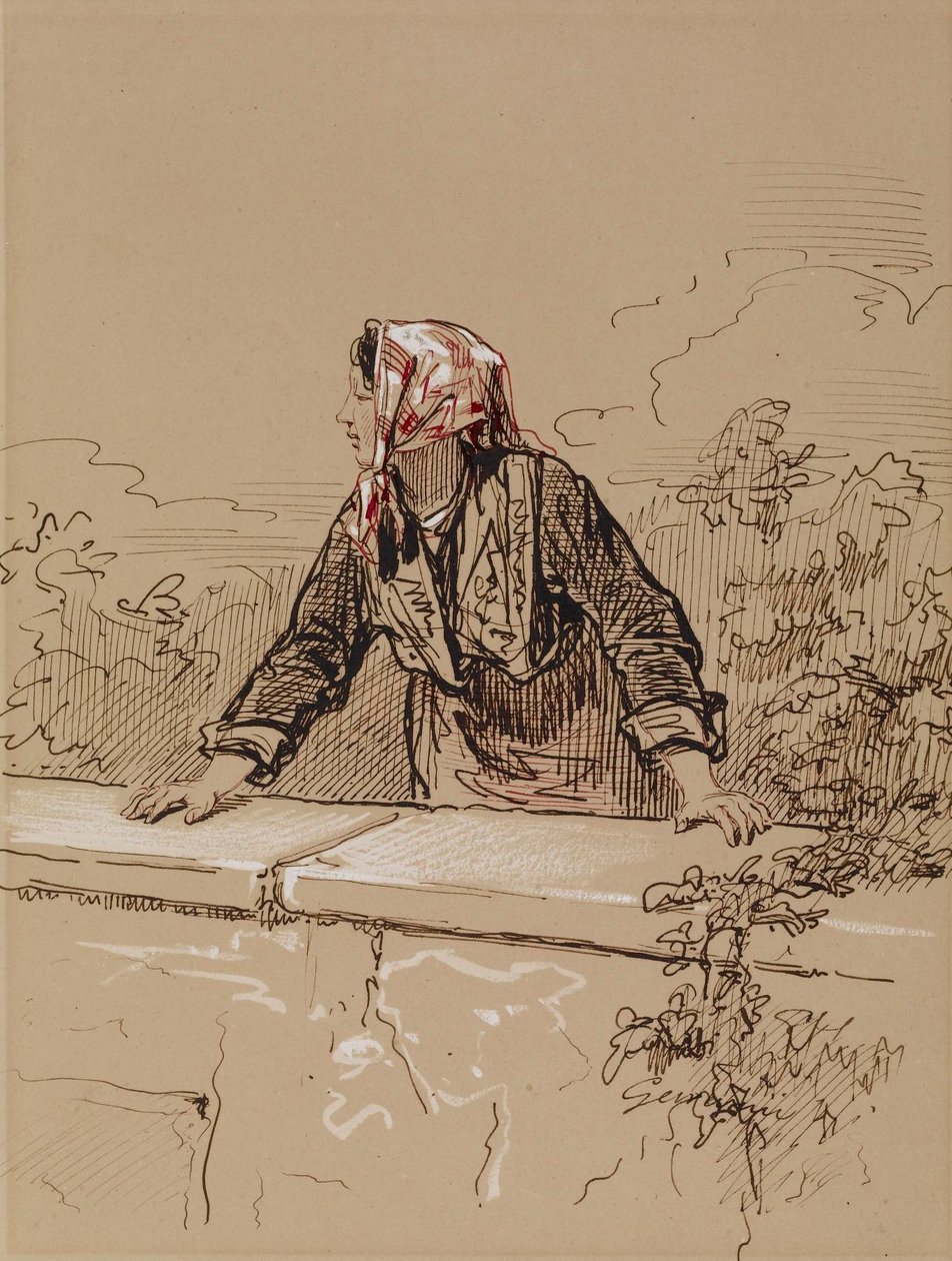 Campesina apoyada en la pared de Paul Gavarni
