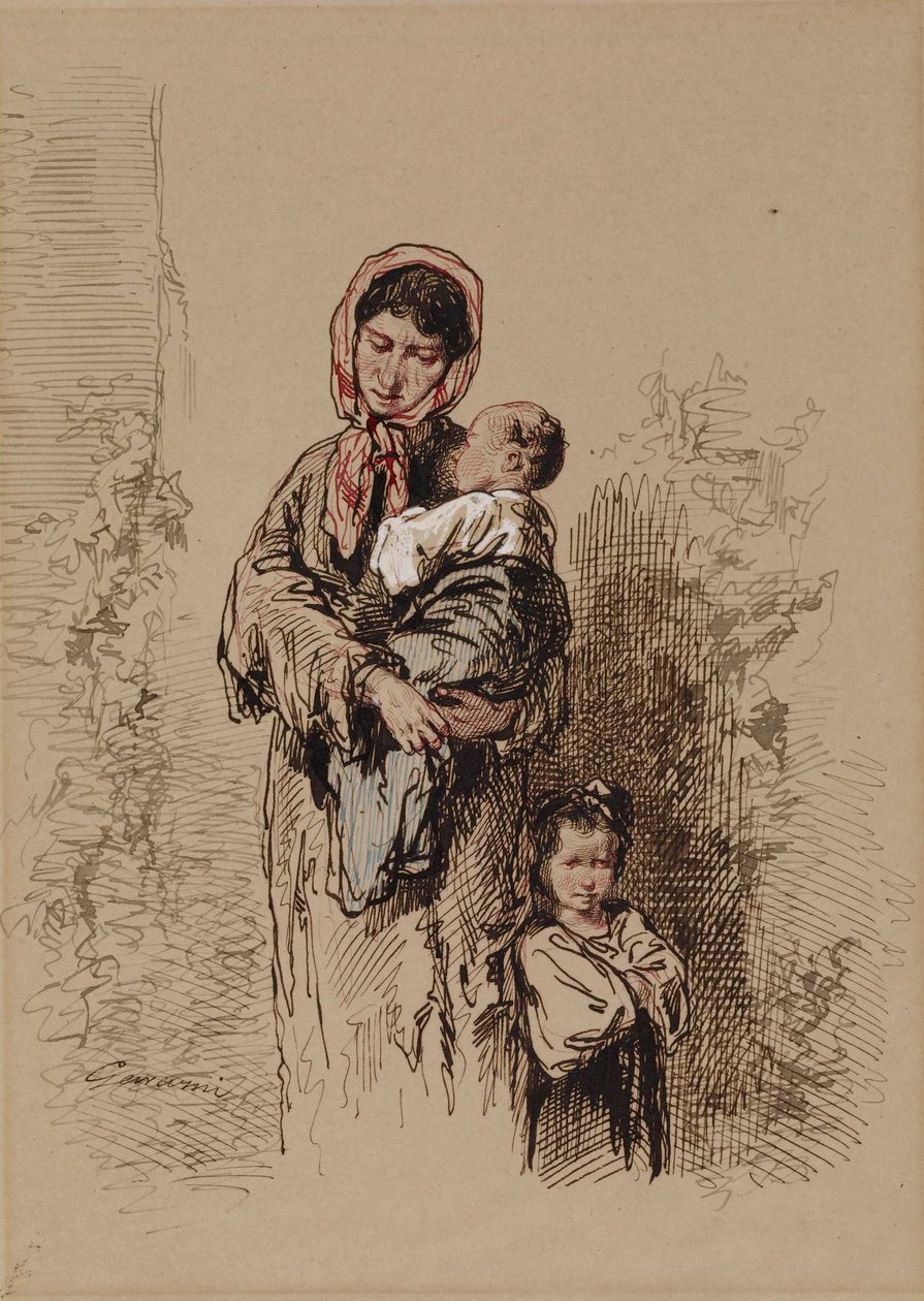 Campesina con dos niños pequeños de Paul Gavarni