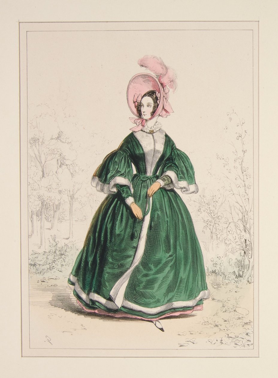 Pelliza de tejido grosgrain, forrada de raso y ribeteada de crespón. Sombrero de felpa. de Paul Gavarni