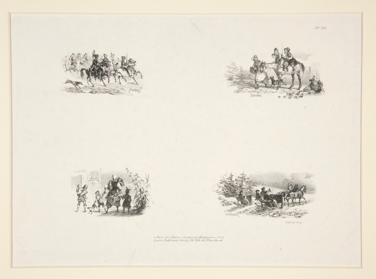 Cuatro temas: Una cabalgata; Cuatro niños; una campesina cargando a un niño pequeño; Viajeros de Paul Gavarni